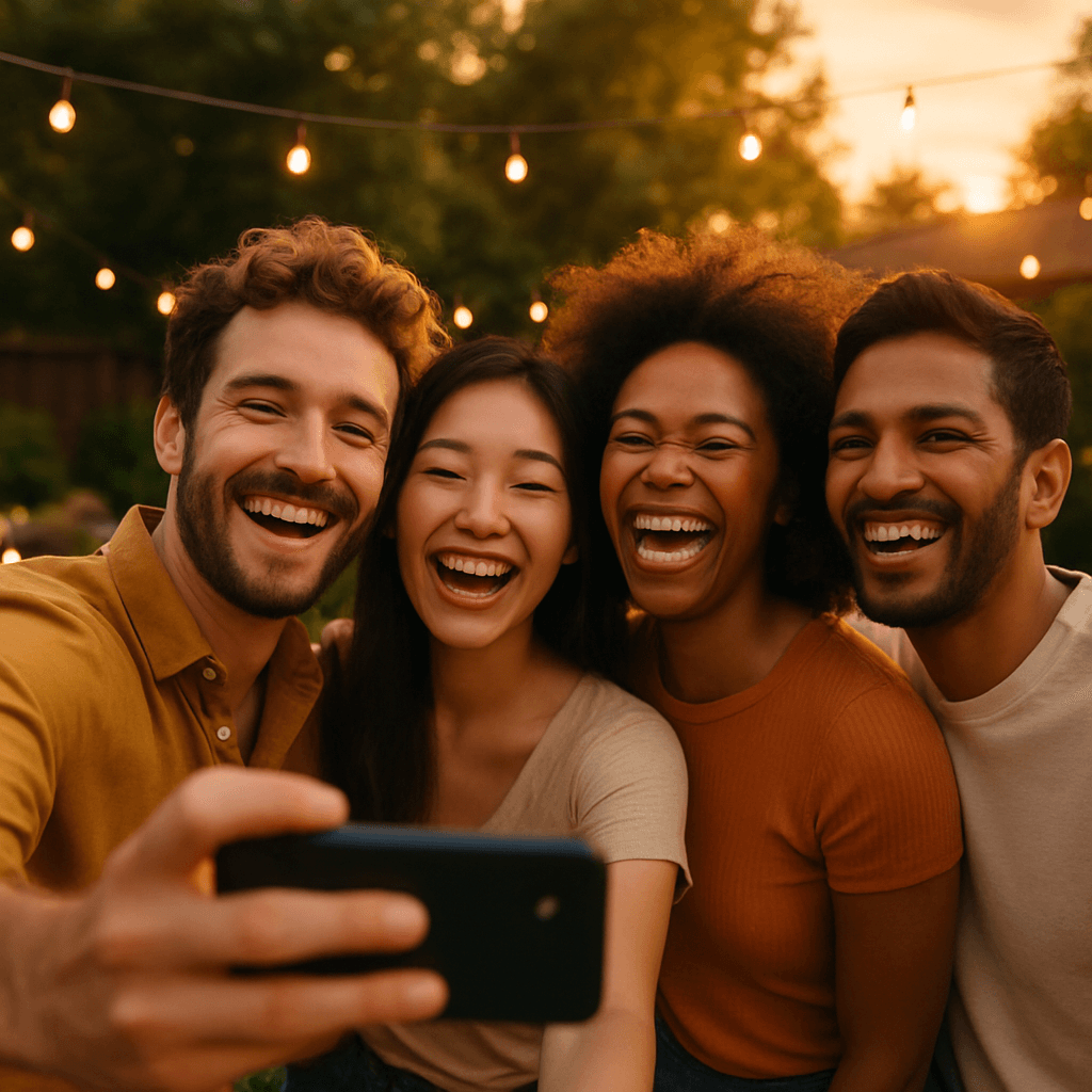 Freunde machen ein Selfie im goldenen Abendlicht